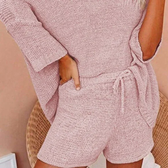 Pink Casual Women's Pure Color Asymmetric Neck Drop Sweater And Knitted Shorts - Picture 4 of 4